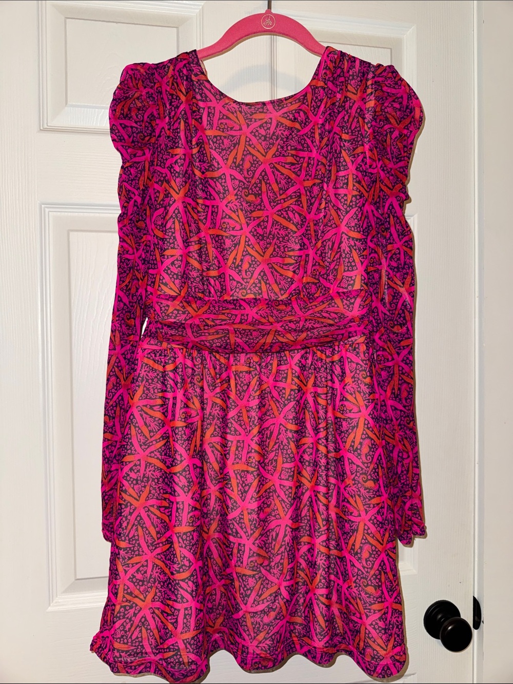 Lilly Pulitzer Preslie Long Sleeve Romper in Passion Fruit Pink Star Searching